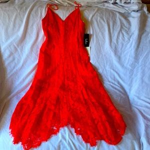 Orange Asymmetrical hem midi lace dress